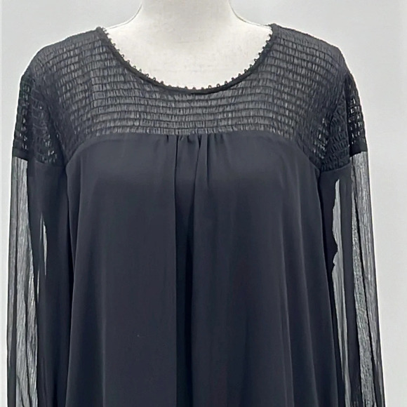 IMNYC Isaac Mizrahi Smocked Bodice Chiffon Shift Dress in Black - Size Large - Picture 2 of 6